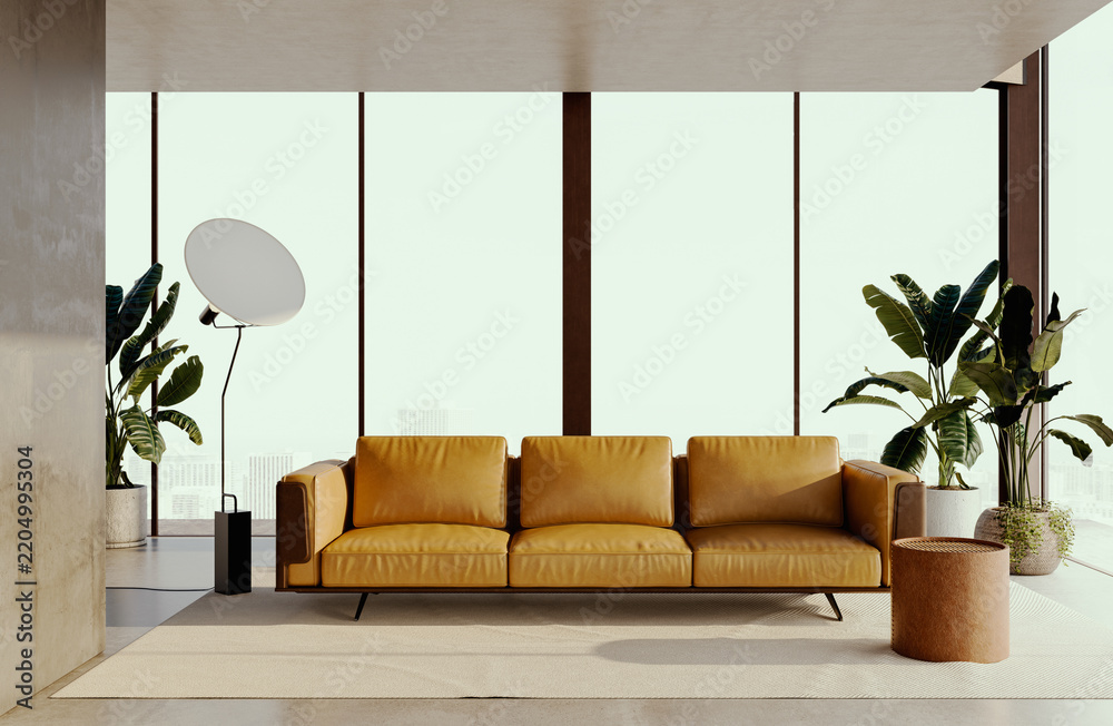Obraz premium 3D rendering, 3d illustration, Large Luxury modern living room interior, brutalist architecture realistic lighting, Graphic Overlay wide angle, contemporary furniture, clean lines, minimalist decor,