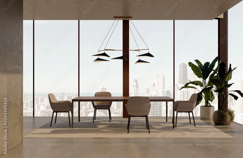 Obraz premium 3D rendering, 3d illustration, Large Luxury modern living room interior, brutalist architecture realistic lighting, Graphic Overlay wide angle, contemporary furniture, clean lines, minimalist decor,