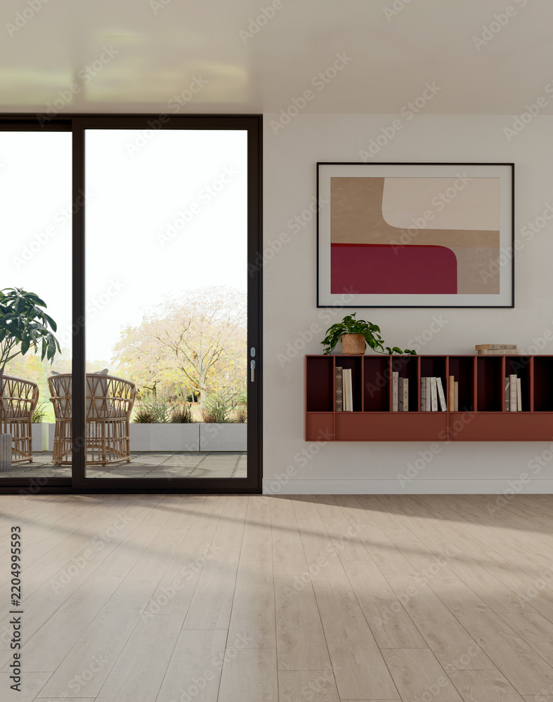 Obraz premium 3D rendering, 3d illustration, Large Luxury modern living room interior, brutalist architecture realistic lighting, Graphic Overlay wide angle, contemporary furniture, clean lines, minimalist decor,