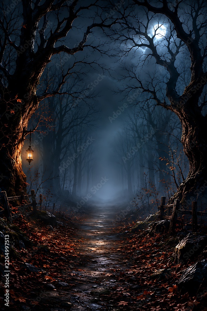 Obraz premium Spooky Halloween Forest Path with Glowing Lantern and Full Moon Night