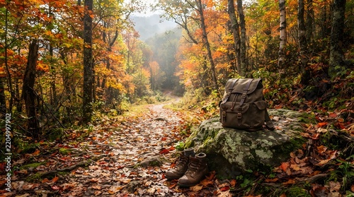 Leather hiking backpack resting on a mossy rock in autumn forest with backpack adventure wilderness landscape outdoors trekking exploration equipment vacation lifestyle peaceful environment