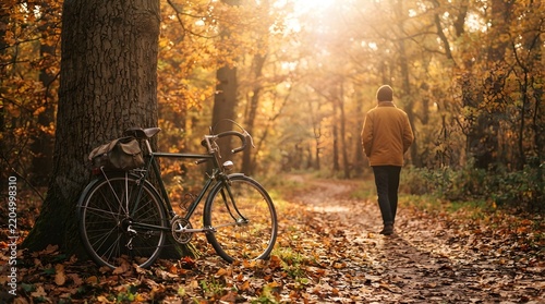 A man walking along a path in an autumn forest with parked bicycles leaning against a tree during golden hour sunlight bicycles sunlight landscape exercise recreation activity adventure
