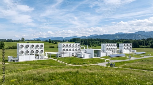 A direct air capture (DAC) facility with large collector fans, located in an open field; a sustainable technology for combating climate change. AI generated.