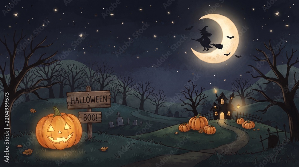 Fototapeta premium Illustrated Halloween landscape featuring a witch flying past a crescent moon over a haunted village.
