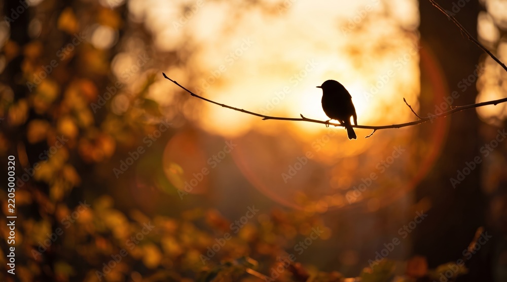 Fototapeta premium A bird silhouette sitting on a branch against a warm sunset backdrop. Concept of tranquility and nature, suitable for themes like wildlife, serenity, and autumn. Generative AI.