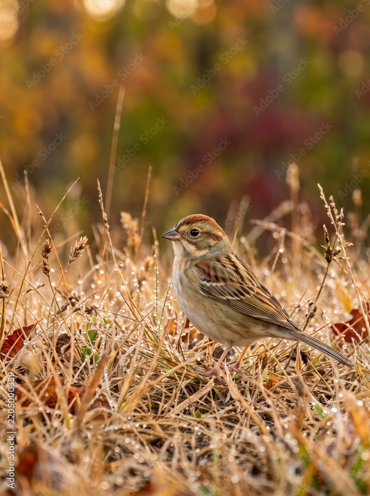Fototapeta premium A sparrow stands in dewy grass against a warm, blurry autumn background. Concept wildlife, nature, fall, serenity, perfect for seasonal greeting cards and educational materials. Generative AI.