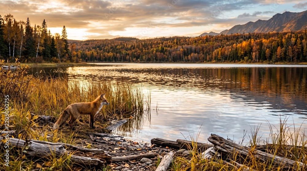 Fototapeta premium A fox stands by a serene lake encircled by autumn trees under a magnificent sunset. Conceptual image for wilderness, tranquility, and nature photography, great for wildlife themes. Generative AI.