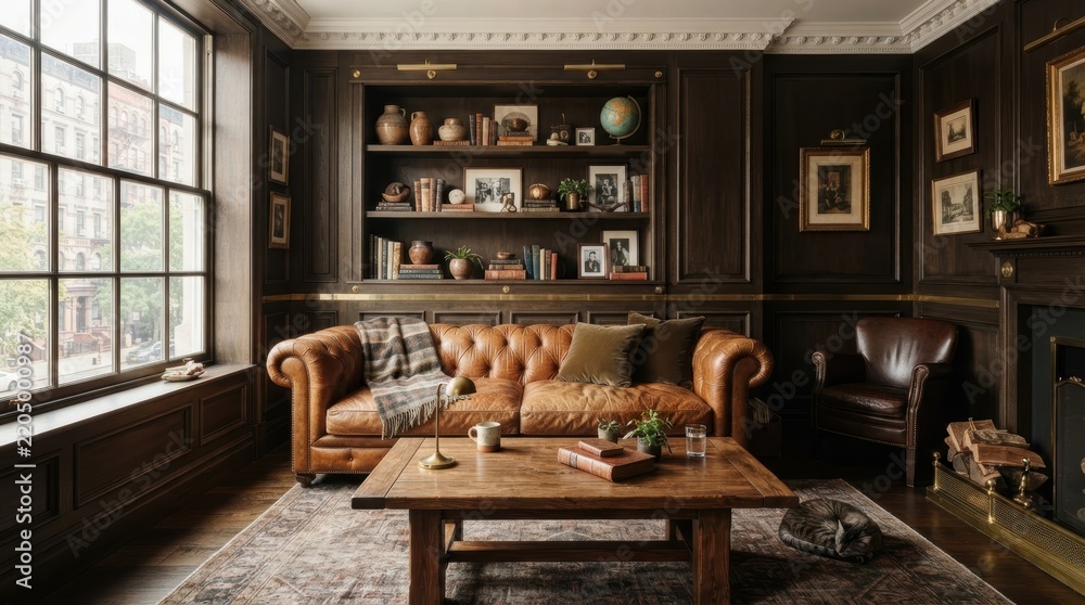 Obraz premium A Cozy Den Retreat: Step into this warm and inviting living room, featuring a plush leather sofa, a rustic wooden coffee table, and shelves filled with curated treasures.