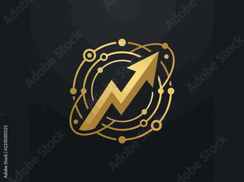 Golden Arrow Chart Icon with Orbiting Nodes Business Growth Technology Finance Concept