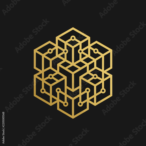 Golden Blockchain Network Technology Abstract Geometric Design Isolated on Black Background