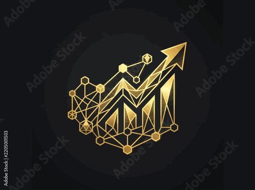 Golden Growth Chart Icon with Network Connections Isolated on Transparent Background