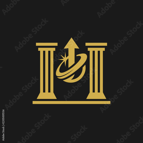 Golden Pillars with Upward Arrow and Orbiting Star Logo Icon