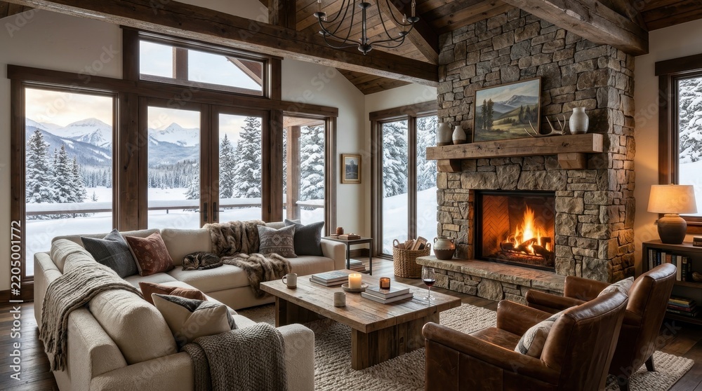 Obraz premium Cozy Mountain Lodge Living Room: A warm and inviting living room with a crackling fireplace, plush sofas, and large windows offering breathtaking views of a snow-covered mountain landscape.
