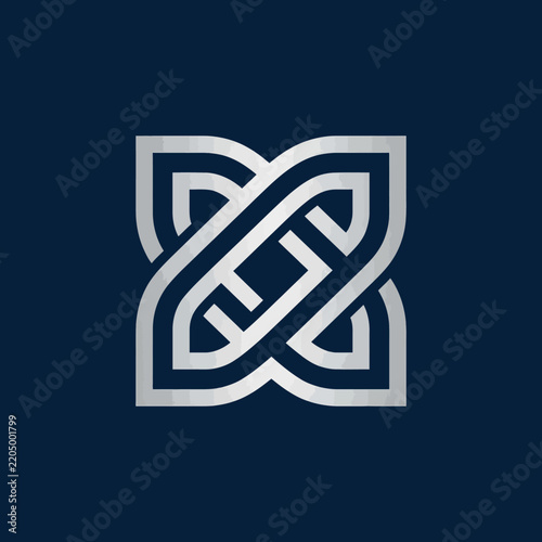 Abstract Silver Celtic Knot Flower Logo Design Isolated on Dark Blue Background