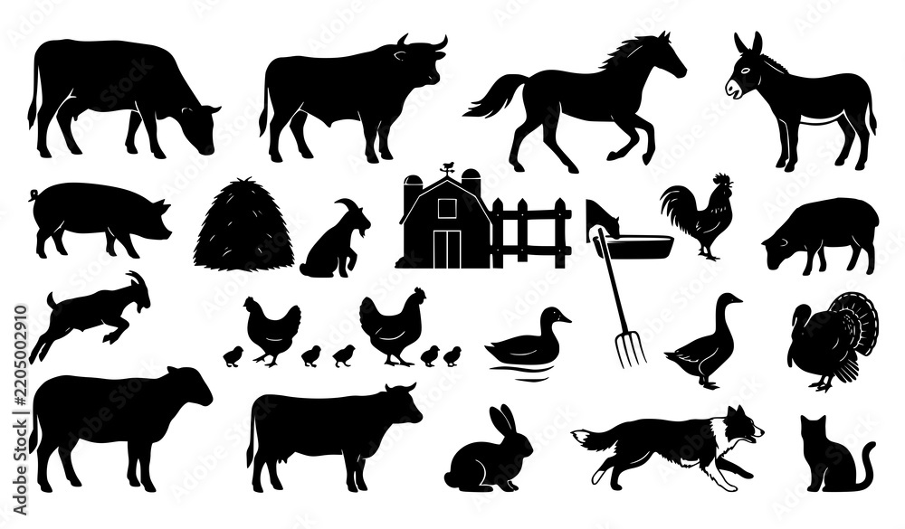 Fototapeta premium Common Farm Animals Black Silhouette Vector Collection