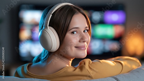 Person wearing headphones watching television screen in dim lighting