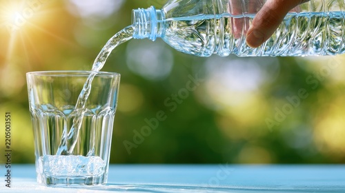 Pouring clear water into glass with sunlight