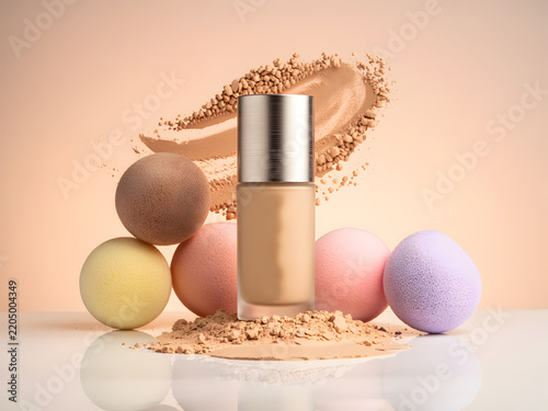 Blank liquid foundation bottle mockup with makeup beauty sponges and face powder smear on neutral studio background