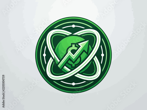 Green dollar sign with upward arrow on transparent background representing financial growth and success Icon with orbits and circles