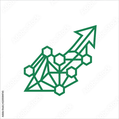 Green network graph with upward arrow icon representing growth connection and data
