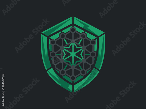 Green Shield Emblem with Hexagonal Geometric Pattern Security Icon Isolated