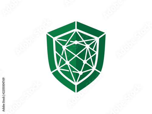 Green shield emblem with abstract network grid security and data protection concept isolated on transparent background