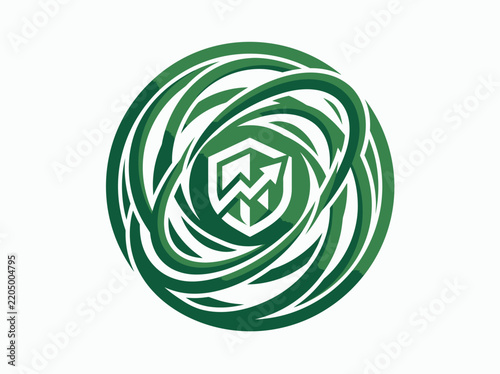 Green Shield Logo with Growth Arrows Inside Swirling Abstract Energy Circle Isolated