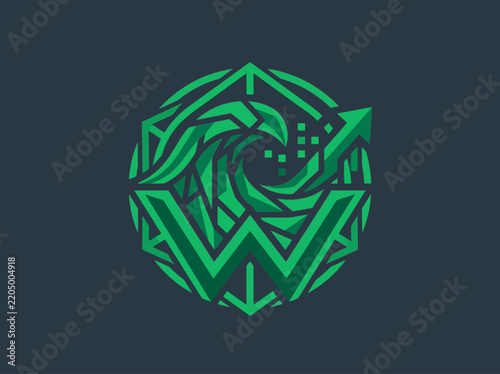 Dynamic Green Wave And Arrow Emblem In Geometric Style