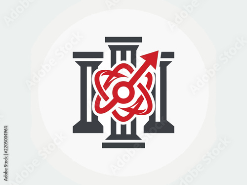 Atomic symbol with upward arrow superimposed on classical pillars representing scientific progress and innovation