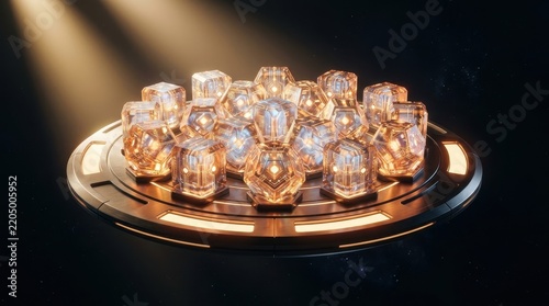 Arrangement of illuminated faceted crystal geometric objects with warm golden light refraction