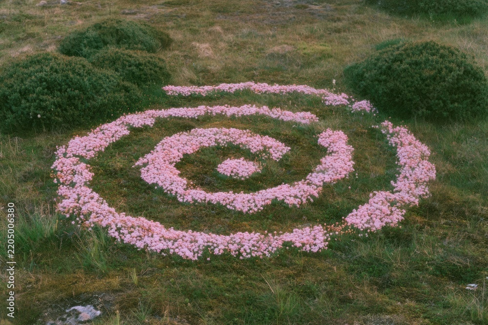 Obraz premium Pink flower spiral pattern in grassy landscape