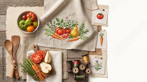 Cross stitch embroidered linen kitchen towel with vegetables, fruits and herbs surrounded by fresh produce and sewing supplies for handmade kitchen decor concept