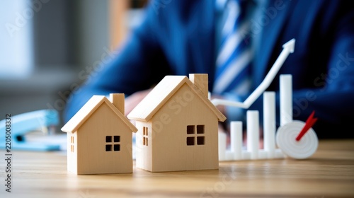Real estate growth chart with miniature houses and target