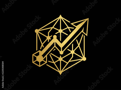 Abstract golden geometric shape with upward arrow graph representing growth finance and data analysis isolated on black background