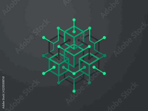 Abstract Geometric Network Node with Glowing Green Dots on Dark Background 3D Render