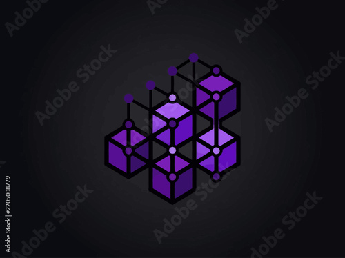 Abstract geometric network of purple cubes and nodes digital data connection concept isolated