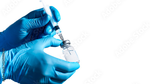 Medical Professional Preparing Syringe with Vial isolated on white background closep with copy space 