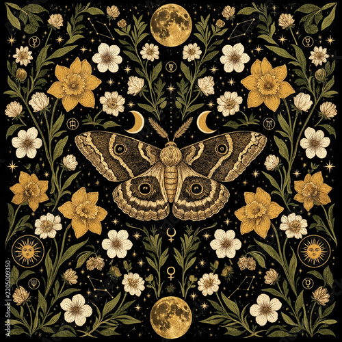 Esoteric moth astrology print with flowers and celestial elements