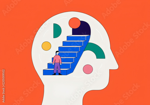 Human head silhouette with staircase symbolizing a journey to understanding and exploration of thoughts