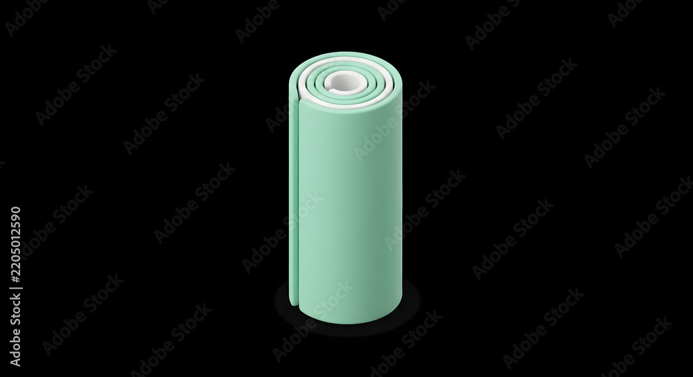 Fototapeta premium Mint Green Yoga Mat Rolled Up Standing Vertically On A Minimalist Black Background Studio Shot