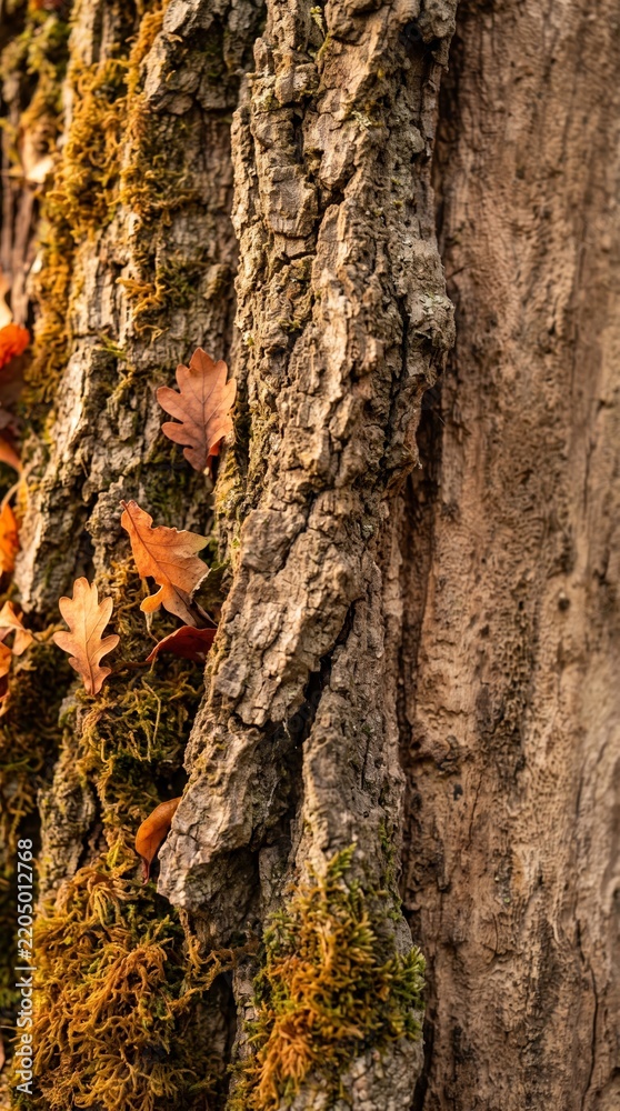 Fototapeta premium Close-up of rough tree bark covered with green moss and small autumn leaves in a softly blurred forest. Concept natural textures, seasonal ads and editorial design. Generative AI.