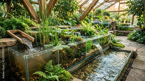 Lush indoor garden with a glass water feature showcasing aquatic plants and a small waterfall within a sunlit greenhouse