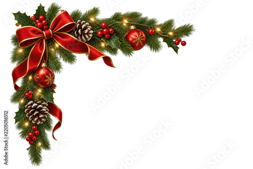Christmas corner frame with pine branches, red ribbon bow, baubles and glowing fairy lights, 3D render decoration for holiday greeting cards and festive web design isolated on transparent background