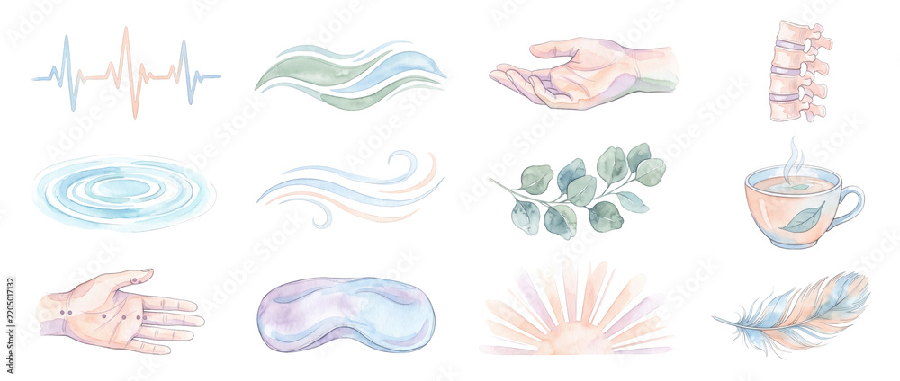 Obraz premium Holistic wellness watercolor icon set featuring healing hands, spine, eucalyptus, tea, heartbeat line, feather, water ripple, sleep mask for spa therapy, chiropractic, reiki mindfulness design