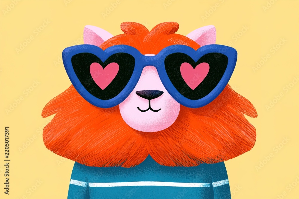 Fototapeta premium Lion wearing heart-shaped sunglasses on yellow background