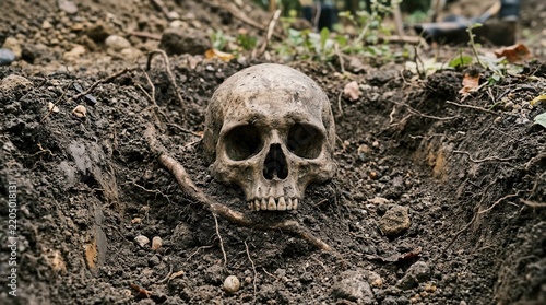 Human Skull Exhumed from Earth Archaeological Dig Site Remains of the Past Death and Mortality Concept