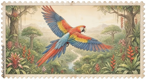 
Watercolor Scarlet Macaw Parrot Flying Over Tropical Rainforest Jungle With River And Exotic Flowers Inside Vintage Postage Stamp