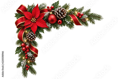 Christmas festive corner border with poinsettia, pine branches, red ornaments, and glowing lights, isolated on white background for holiday greeting card design or winter seasonal web banner