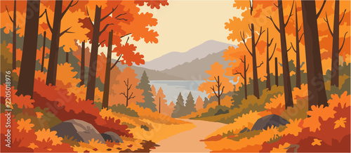 vector  of beautiful autumn forest with orange foliage, trail, and scenic mountain lake view. Perfect for seasonal landscape background.