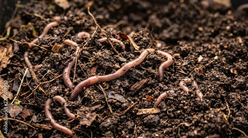 Numerous earthworms wriggling through dark, rich soil in a detailed close-up view, showcasing natural garden life.